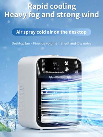 1pc Portable Air Conditioner, Desktop Air Cooler Fan, Desktop Humidifier Cooling Fan, Air Conditioner Mist Cooling Fan With 2 Speeds And 2 Mist Modes, 3000mAh Rechargeable Battery Powered, Low Noise, USB Charging, Suitable For Room, Car, Office Or Outdoor Use, Comfortable For Sleep