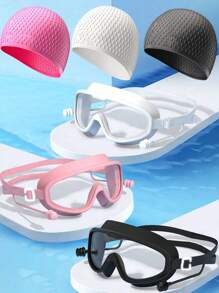 1 Stück Große Rahmen Schwimmbrille, wasserdichte antibeschlagende hochauflösende Schwimmbrille mit Ohrstöpseln, Silikon Schwimmbrille & Schwimmkappe, Unisex Erwachsene Professionelle wasserdichte bequeme Silikon Kappe, modische Große Größen Trainings Schwimmkappe