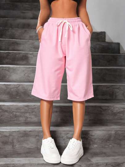 Pantalones cortos holgados de algodón y lino con cordón para mujer