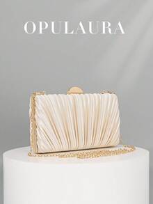 OpulAura 1 件复古优雅缎面宴会手拿包，褶皱设计时尚晚会钱包，迷人精致的正式场合手提包，高端盒形小包，适合派对/婚礼/正式晚宴，配有链条肩带，可单肩/斜挎 - 杏色 - 查看 2