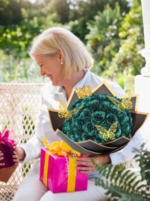 MEHELANY 20支装 2.76英寸人造闪光玫瑰花束，深绿色人造玫瑰，永不凋谢的闪光人造玫瑰花束，适用于周年纪念、订婚、结婚礼物、家居、房间、办公室、厨房装饰、派对装饰、情人节、母亲节、生日礼物，送给女友、妈妈、女士（含包装纸）