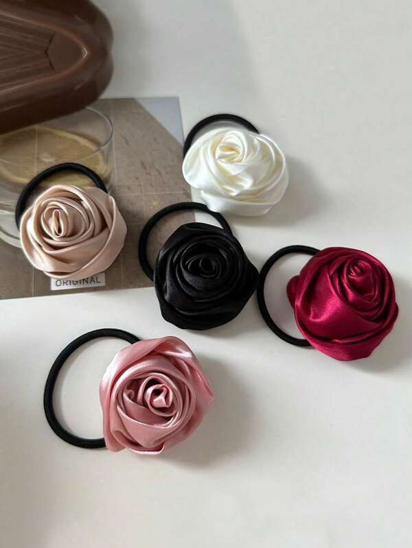 1pc/5pcs Satin Handmade Vintage Rose Flower Hair Scrunchies, Elegant Soft Hair Ties Ponytail Holder, Suitable For Boho Style Everyday Wear