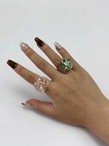 1 件/2 件梦幻绝对彩色渐变树脂透明不对称纹理闪光戒指，适合女性日常休闲装装饰和赠送朋友