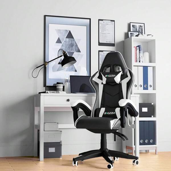 Bigzzia Sedia da gaming ergonomica, con cuscino e schienale regolabile per adulti, girevole e stabile