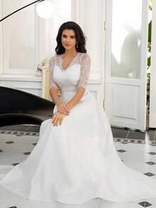 女士新娘婚纱，蕾丝短袖V领缎面及地优雅长裙，正式晚宴礼服，情人节白色春季款 - 白色 - 查看 3