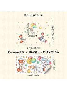 太空冒险卡通火箭墙贴适用于儿童房 - 可移除银河动物墙贴，儿童房装饰，可爱宇航员猫星球墙壁艺术 - 彩色 - 查看 9