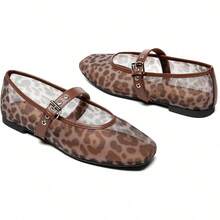 Rihero Zapatos Elegantes De Mujer Mary Jane Flats Breathable Mesh Square Toe Adjustable Buckle Strap Ballet Shoes Cushioned Insole All Day Comfort - 豹 - 查看 4