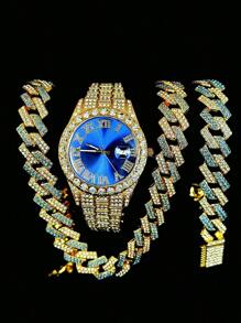 Set de joyería de 3 piezas estilo europeo y americano hip-hop con diamantes completos, reloj, collar y pulsera con rhinestones, correa de metal y calendario, regalo para estudiantes hombres y mujeres