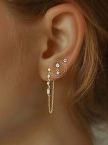 1对优雅水钻耳钉，立方氧化锆吊坠耳环，时尚小巧耳骨耳环套装 - 彩色 - 查看 6