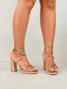 露趾方头高防水台厚高跟凉鞋，优雅时尚 - 香檳色 - 查看 1