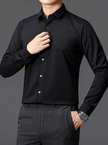Men's Solid Color Lapel Collar Dress Shirts, Casual Long Sleeve Button Down Shirt For Formal Occasions - 查看 5