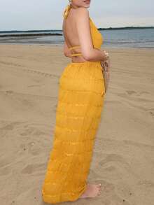 Melissa Matos Apricot Chiffon Multi-Layer Pleated Lace Trim Halter Backless Maxi Dress Set, Romantic Elegant 2-Piece Outfit - Yellow - View 4