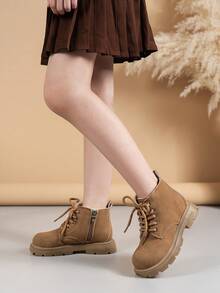 1 Pair Girls/Kids' Fashion Simple Side Zipper Ankle Boots, Suitable For All Seasons - Brown - View 2