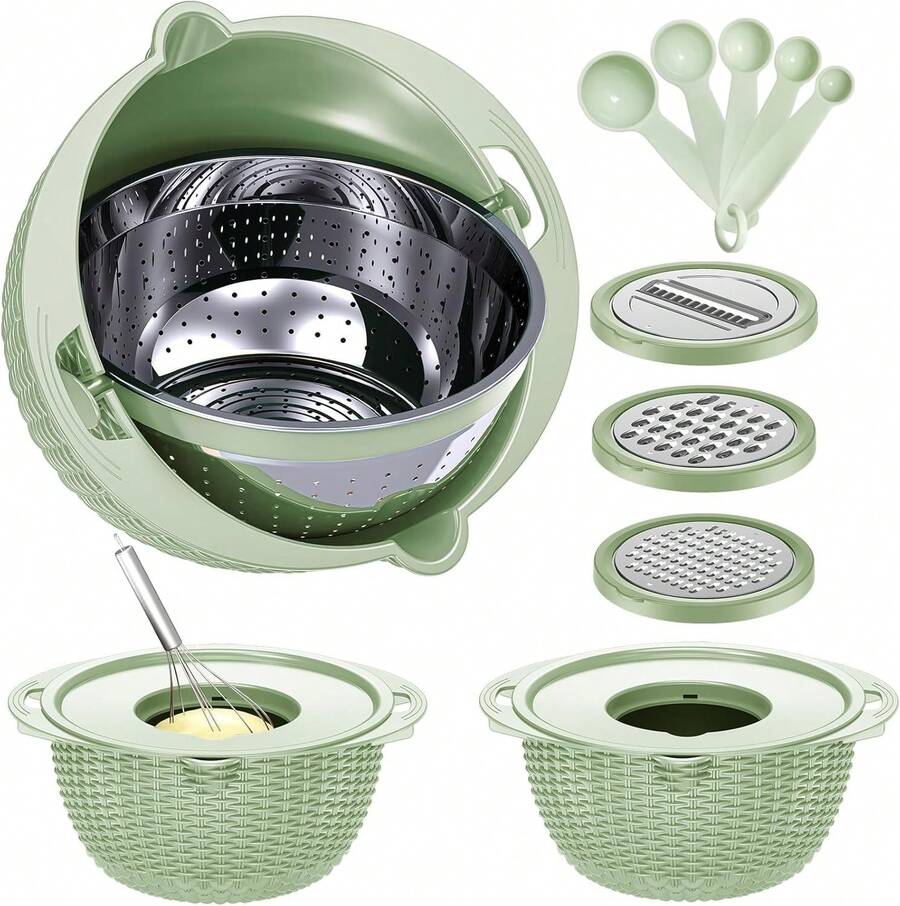 4-1 Strainer Bowl With Lid Set - Strainers And Colanders - Colanders For Kitchen - Food Strainer With Graters & Spoons - Fruit Washing Bowl With Strainer Pasta Rice Strainer For Veggie Wash Green - 青檸色 - 查看 1