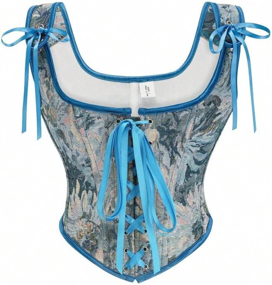 Womens Vintage 1920s Renaissance Lace Trim Corset Bustier, Retro Fashion - Blue Vintage - View 1