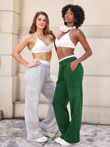 YEOREO Sweatpants Womens Cargo Pants Fleece Lined Wide Leg Joggers Baggy Drawstring Nairi Sweat Pants With Pockets - Dark Green - View 5