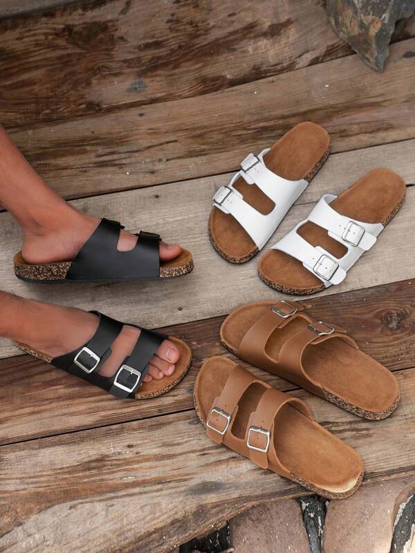 Men's Casual Simple Solid Color Buckle Flat Heel Set Wearing One Line Slippers, Suitable For Teen Summer Casual Or Outdoor Athletic Or Vacation Travel Or Graduation Gifts Or Birthday Dress Accessories