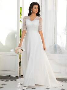 女士新娘婚纱，蕾丝短袖V领缎面及地优雅长裙，正式晚宴礼服，情人节白色春季款 - 白色 - 查看 8