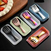 3pcs Stainless Steel Cutlery Set, Portable Round Headed Spoon, Fork, Box For Party Travel, Multifunctional Ice Cream Cake Fruit Fork And Spoon, Suitable For Gatherings, Schools, Travel, Camping, And Picnics