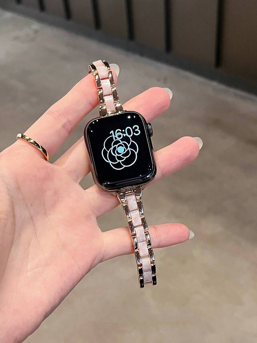 1条女士奢华小巧金属树脂腰带，兼容表带44mm、40mm、42mm、46mm、38mm、49mm、41mm、45mm，设计优雅，兼容Series 11、10、9、8、7、SE、6、5、4、3、Ultra、2、1，是送给女性的绝佳礼物。 - 玫瑰金 - 查看 1