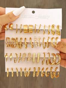 48/36/12 Pcs Retro Punk Style Women Earrings Set, Elegant Heart & Square Faux Pearl Earrings, Charming Jewelry For Women, Suitable For Daily Life, Parties, Festivals, Perfect Holiday Gift - Gold - View 7