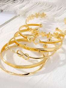 6pcs/Set Double Heart Love Letter Flower Open Bangle For Women, Daily Wear & Party Gift, Gold Color