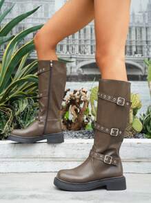 planare 女式深棕色高膝皮靴，带多扣和铆钉细节、侧拉链和粗跟，非常适合朋克风格 - 棕色 - 查看 6