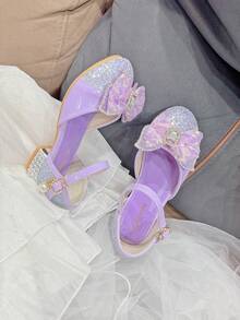 Scarpe con tacco alto e spesso per ragazze, con fiocco decorato con cristalli, luccicanti, adatte per principesse, occasioni di festa, multistag ione - Viola - Visualizzare 9