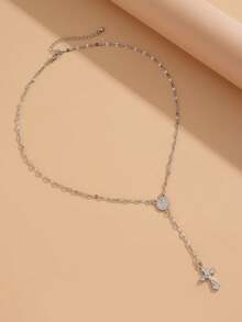 1pc Premium Fashion Elongated Chain Exquisite Cross Pendant Necklace, Silver Color, Versatile For Any Occasion, Perfect Holiday Gift - Silver - View 4