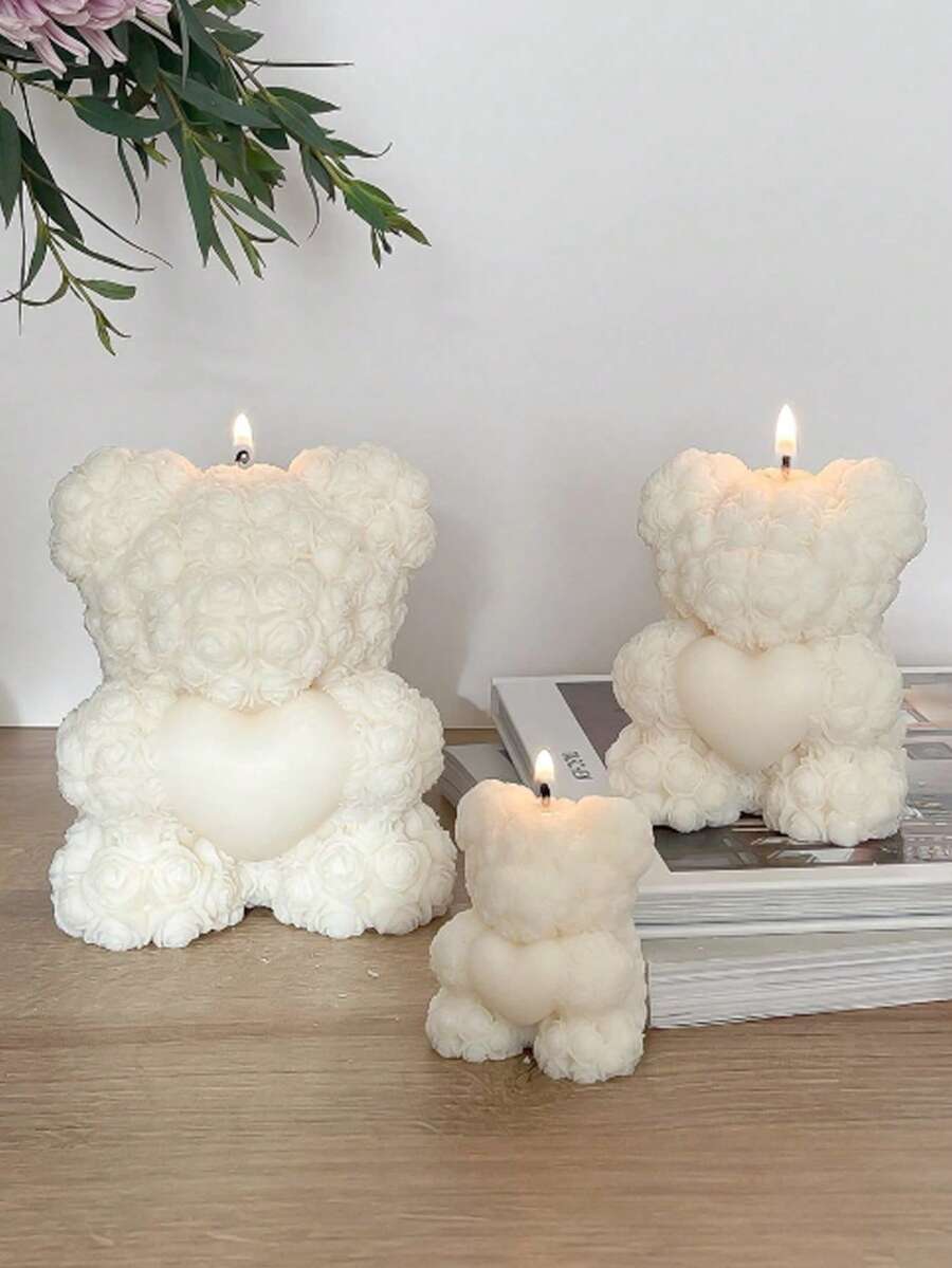 1 件 3D 心形玫瑰泰迪熊硅胶蜡烛模具 - DIY 情人节浪漫礼物，用于香薰蜡烛树脂工艺品婚礼家居装饰 - 白色 - 查看 1