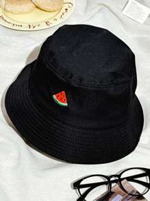 1 pièce Chapeau seau en canevas noir avec broderie de fruits, chapeau de soleil d'été amincissant le visage pour étudiant, protection solaire polyvalente et décontractée