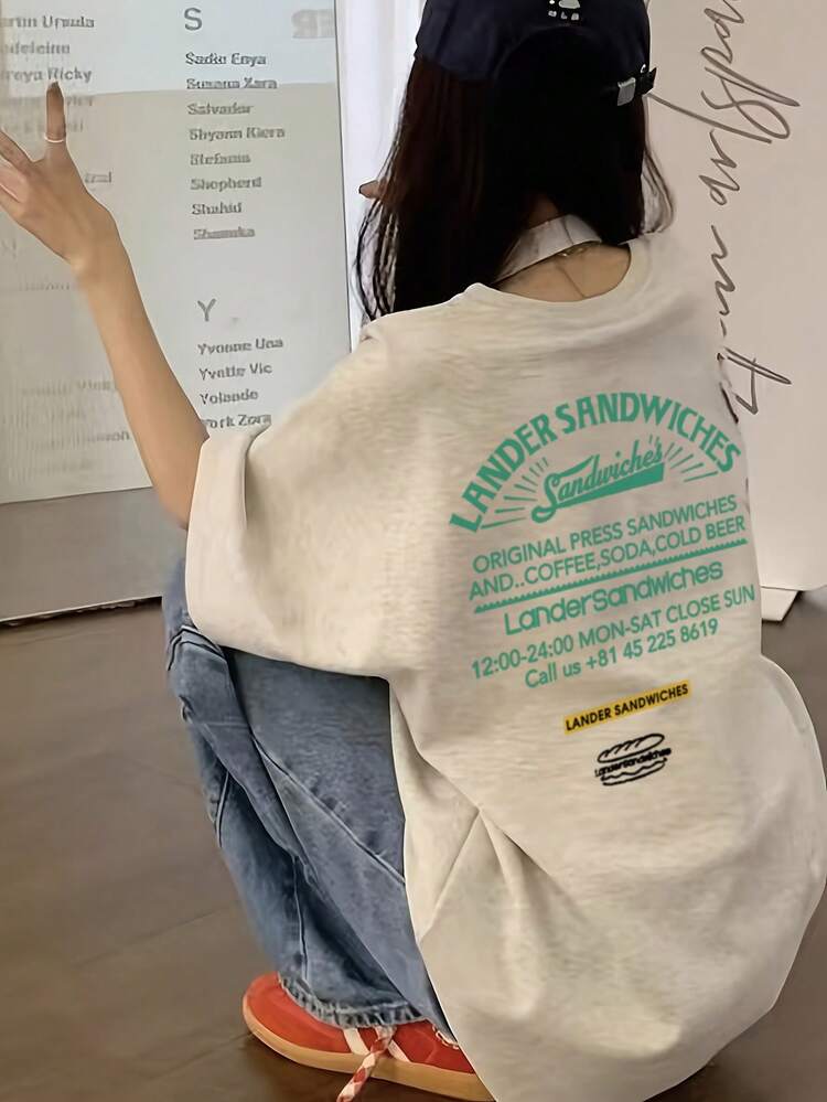Oversized Retro American Style Women T-Shirt, Vintage Lander Sandwich Graphic Print, Casual Loose Dropped Shoulder Beige T-Shirt, Street Style Loose Summer Top, Interesting Printed Text Tee - Light Grey - View 1