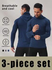 Sudadera deportiva de secado rápido para hombre (paquete de 3) con cubrebocas. Tejido de poliéster transpirable y altamente elástico para gimnasio, running y ropa informal en azul marino, negro y azul oscuro. - Multicolor - Ver 5