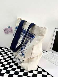 女士单肩包，伦敦书籍印花，女士休闲手提包，可重复使用，大容量，购物袋，沙滩包 - 米色 - 查看 5