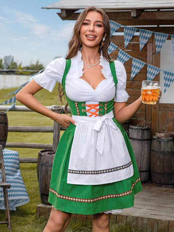 Costume d'Halloween Carnaval Fête Robe avec Bretelles + Top + Tablier, Convient pour l'Oktoberfest, Cosplay de Bonne