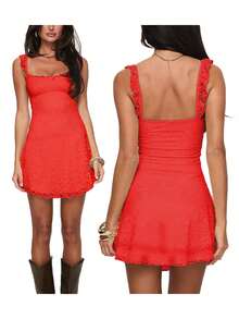 Women's Summer Mini Dresses Sleeveless .Y Square Neck Backless Lace Splicing Cocktail Party Straps Bodycon Dress - Đỏ - Xem 7