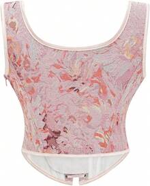 Womens Vintage 1920s Renaissance Lace Trim Corset Bustier, Retro Fashion - Pink Daisy - View 2
