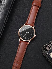 1 件男士时尚商务数字表盘休闲石英腕表，时尚简约 - 棕色 - 查看 6