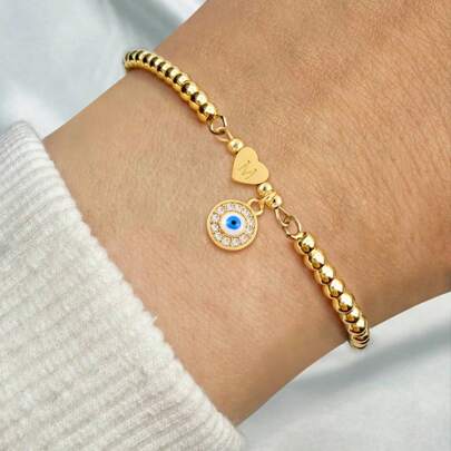 1pc Fashion Stainless Steel Heart Initial Round Eye Pendant Golden Adjustable Chain Bracelets For Women