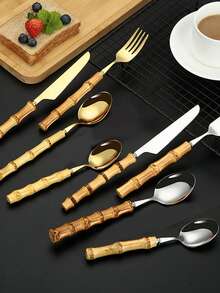 Cirelle 16/4 件套竹制不锈钢餐具套装，带天然竹柄，学校用品，圣诞节礼物，感恩节和万圣节节日餐具 - 金色 - 查看 13