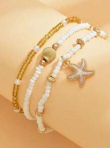 Set aus 3 einfachen weißen Reisperlen-Kunstperle-Muschelanklets für Damen, geeignet für den täglichen Gebrauch und Urlaubsreisen