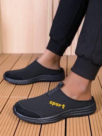 Men's Sports Slide Sandals, Mesh Breathable Black Shoes, Soft Sole Lightweight Non-Slip Fashion Versatile Flat Indoor/Outdoor Slippers