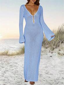 Womens Crochet Maxi Cover Up Dress Long Sleeve Bodycon Summer Swimwear Beach Knit Dresses - 藍色 - 查看 3
