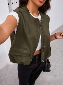 Seelio 春夏新款女士天鹅绒质感背心外套 - 軍綠色 - 查看 5