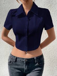 Navy Blue Short Sleeve Shirt With Cutout Waist, Minimalist Design, Sexy And Fashionable, Summer