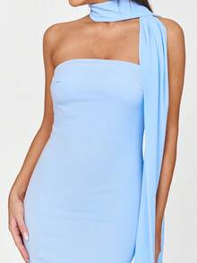 Women Sleeveless Long Bandeau Tube Top Dress Off Shoulder Solid Color Maxi Dress, With Scarf - Blue - View 3