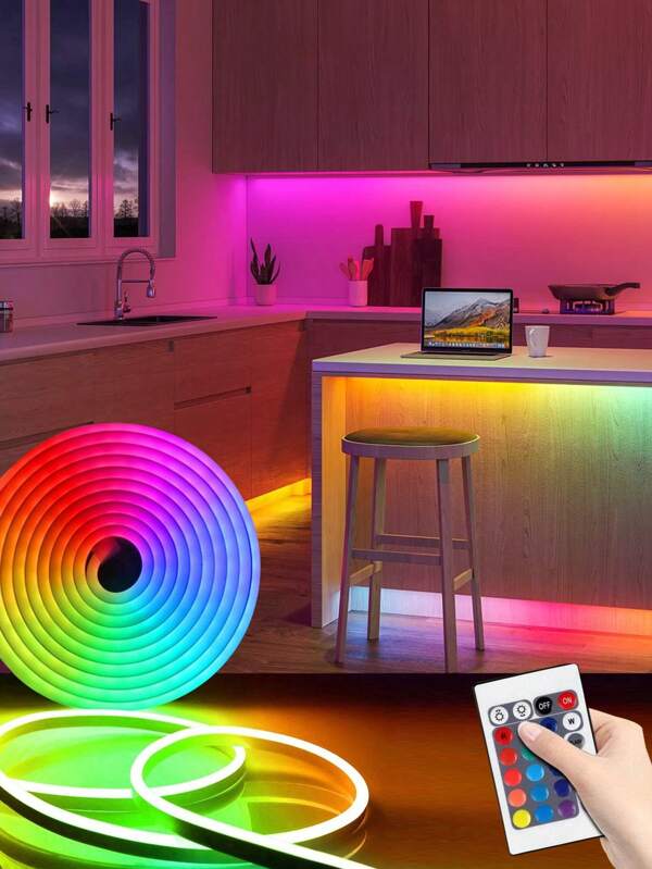 1 pièce/2 pièces 1m/2m/3m/4m/5m Bande lumineuse LED RVB Néon infrarouge, éclairage décoratif en silicone flexible, lumière d'ambiance imperméable avec télécommande sans fil, changement de couleur, pour Noël, intérieur et extérieur