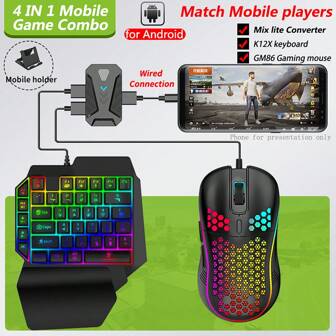 4 In 1 Mobile Gaming Combo: One-Handed Keyboard, Mouse, Converter & Adjustable Phone Stand | BT5.0 Wireless Adapter | Fast Charging, No Latency For Mobile & FPS Games | Phone Controller Gamepad