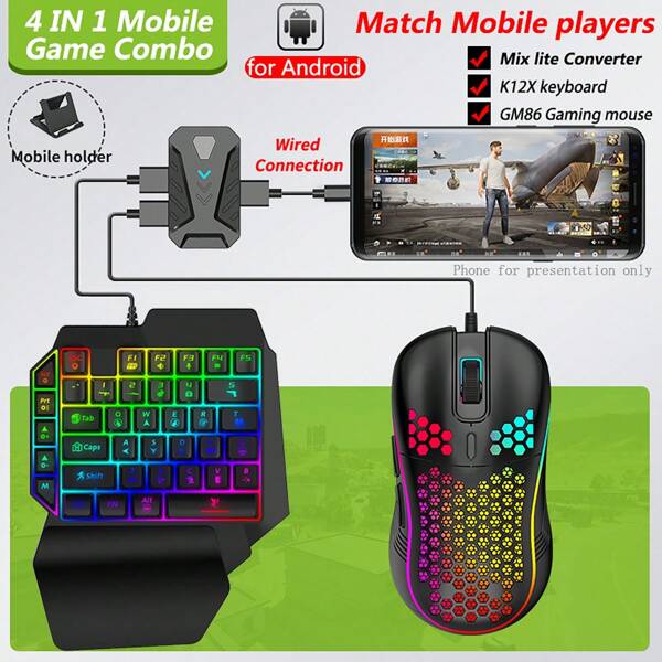 4 In 1 Mobile Gaming Combo: One-Handed Keyboard, Mouse, Converter & Adjustable Phone Stand | BT5.0 Wireless Adapter | Fast Charging, No Latency For Mobile & FPS Games | Phone Controller Gamepad