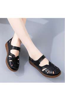 Dép xăng đan đế bằng da thật dành cho nữ, kiểu dép bít mũi, dép đi biển, giày mùa hè thoải mái, giày công sở, giày đi bộ hàng ngày, dép lê khoét lỗ bằng da bò chất lượng cao. - màu đen - Xem 4
